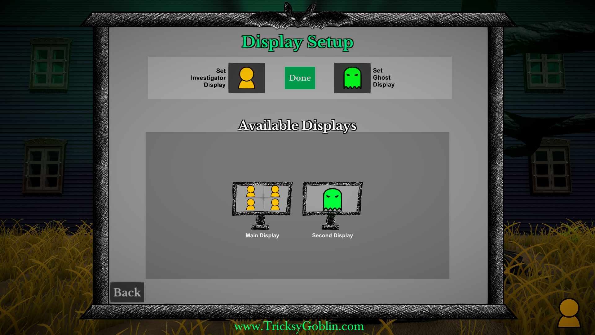 A game screen titled "Display Setup" with pictures of monitors with player icons on one and a ghost on another.