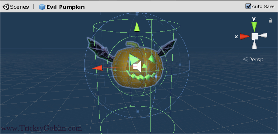 A unity editor window with 3D editing tools for modifying a winged Jack-O-Lantern. The scene menu bar is labeled "Evil Pumpkin."