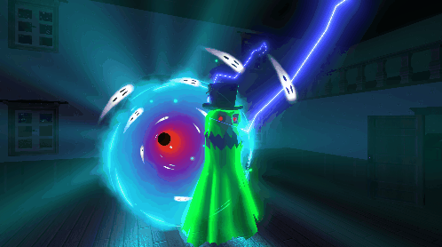 "A ghost in a top hat is sucked into a vortex of souls, leaving their hat behind. The words "Ghost Banished!" appear on screen."