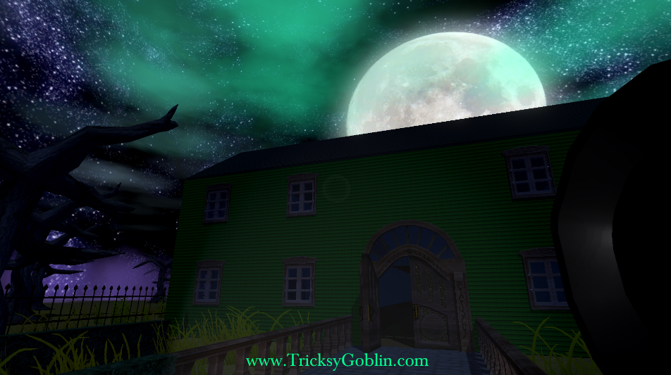 A dark spooky green house under a full moon surroudned by dead trees