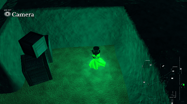 Agreen ghost floats around a roofless cave, seen from above like a diorama.