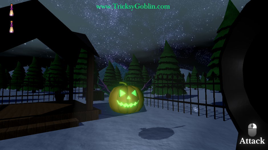 A flying pumpkin in a snowy yard surrounded by pine trees.