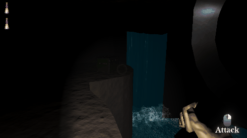 A first person view in a dark cavern that approaches a waterfall pouring out of the rock into an underground lake.