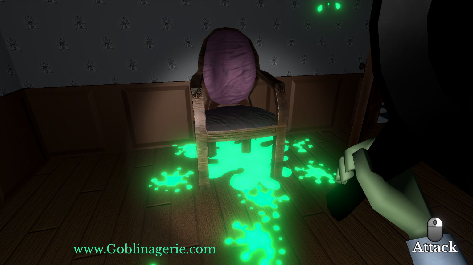 A chair standing in a large splatter of green glowing ectoplasmic slime.