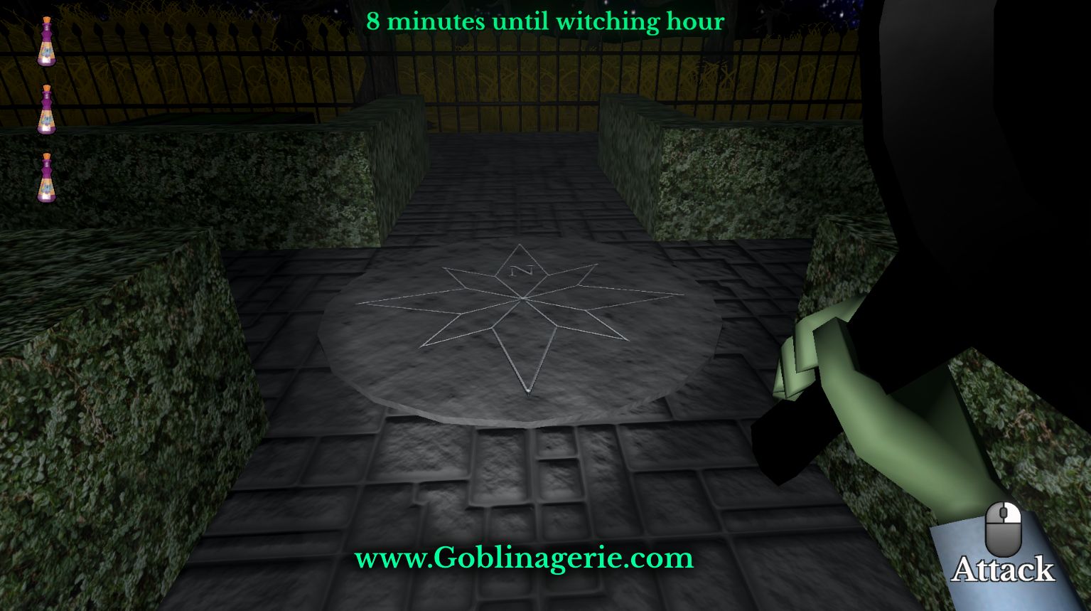 A stone compass set in the ground in a spooky patio. Above it reads "8 minutes until witching hour."